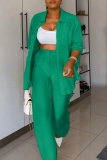 Green Casual Solid Buttons Shirt Collar Long Sleeve Two Pieces