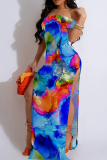 Purple Sexy Print Patchwork Backless High Slit Off Shoulder Long Dresses