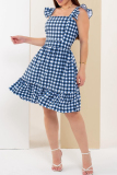 Blue Celebrities Plaid Patchwork Backless Stringy Selvedge Square Neck A Line Dresses