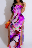 Purple Sexy Print Patchwork Backless High Slit Off Shoulder Long Dresses