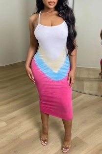 White Sexy Casual Print Backless U Neck Sling Dresses