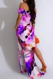 Purple Sexy Print Patchwork Backless High Slit Off Shoulder Long Dresses