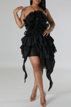 Black Sexy Solid Color Patchwork Backless Ruffle Lace Up Spaghetti Strap Irregular Dresses