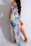 Purple Sexy Print Patchwork Backless High Slit Off Shoulder Long Dresses