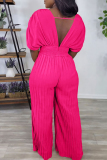 Khaki Casual Solid Color Patchwork Pleated V Neck Loose Jumpsuits