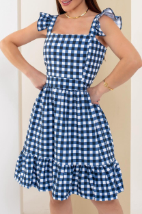 Blue Celebrities Plaid Patchwork Backless Stringy Selvedge Square Neck A Line Dresses