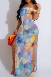 Purple Sexy Print Patchwork Backless High Slit Off Shoulder Long Dresses