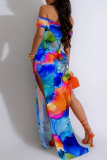 Purple Sexy Print Patchwork Backless High Slit Off Shoulder Long Dresses