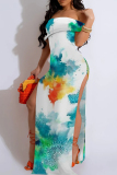 Purple Sexy Print Patchwork Backless High Slit Off Shoulder Long Dresses
