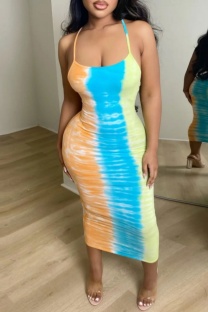 Blue Sexy Casual Print Backless U Neck Sling Dresses