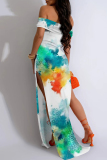 Purple Sexy Print Patchwork Backless High Slit Off Shoulder Long Dresses