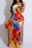 Purple Sexy Print Patchwork Backless High Slit Off Shoulder Long Dresses
