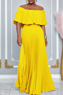 Yellow Elegant Solid Color Patchwork Backless Pleated Off Shoulder Long Dresses