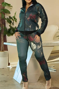 Black Casual Print Pocket Patchwork Zipper Zipper Collar Long Sleeve Two Pieces