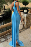 White Elegant Solid Color Patchwork Backless Slit Asymmetrical Collar Long Dresses