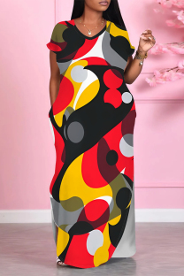 Multi-color Casual Floral Print Pocket Slit Contrast V Neck Printed Dresses