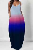 Sky Blue Sexy Gradient Color Pocket Patchwork Backless Spaghetti Strap Sling Dresses