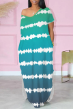 Blue Casual Striped Print Pocket Contrast V Neck Printed Dresses