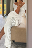 White Elegant Solid Color Patchwork High Slit Ruched Strap Design Off Shoulder Long Dresses