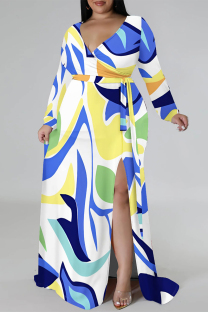 White Casual Floral Print Lace Up Slit V Neck Printed Plus Size Dresses