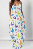 Rainbow Color Sexy Gradient Color Pocket Patchwork Backless Spaghetti Strap Sling Dresses