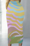 Khaki Elegant Striped Print Contrast Regular High Waist Full Print Bottoms