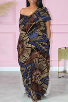 Khaki Casual Print Pocket Patchwork Slit V Neck Straight Dresses