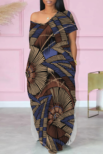 Khaki Casual Print Pocket Patchwork Slit V Neck Straight Dresses