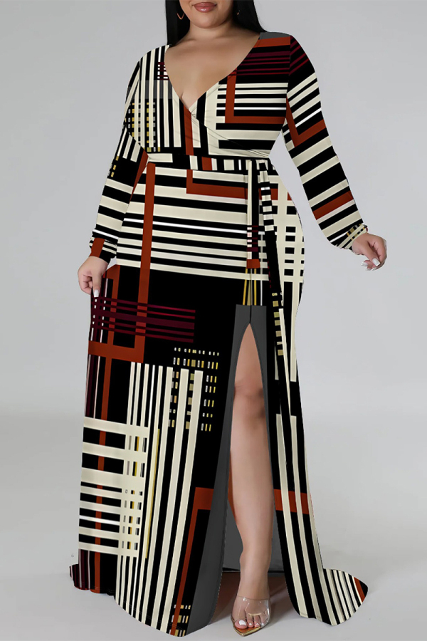 Stripe Casual Floral Print Lace Up Slit V Neck Printed Plus Size Dresses
