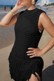 Apricot Celebrities Solid Color Fringed Trim Hollow Out Patchwork Half A Turtleneck Straight Dresses