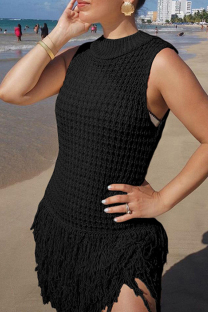 Black Celebrities Solid Color Fringed Trim Hollow Out Patchwork Half A Turtleneck Straight Dresses