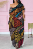Blue Purple Casual Print Pocket Patchwork Slit V Neck Straight Dresses