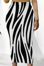 White Elegant Striped Print Contrast Regular High Waist Full Print Bottoms