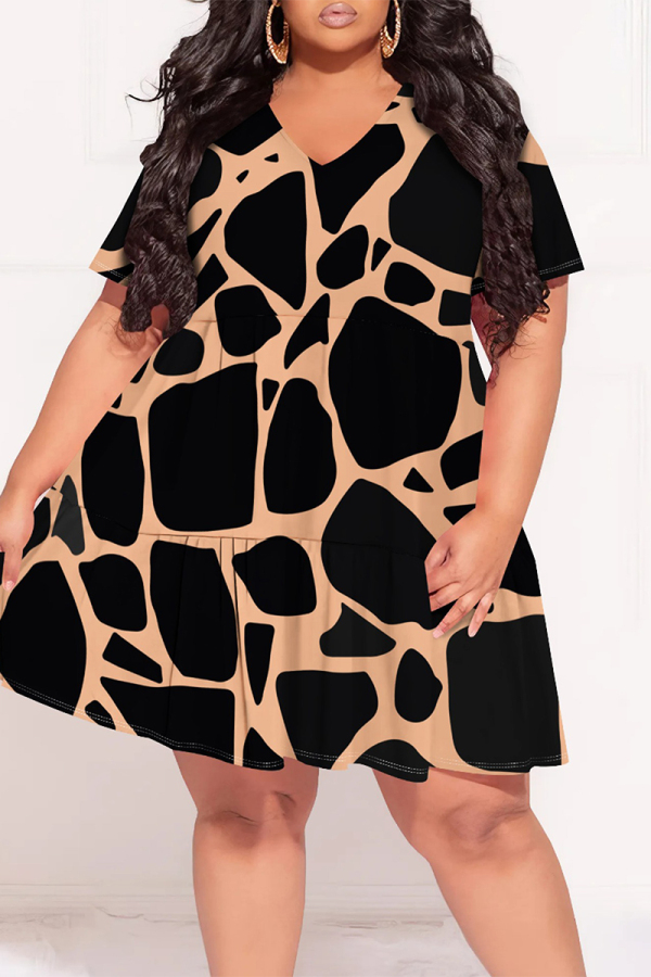 Black Casual Floral Print Contrast V Neck Printed Plus Size Dresses