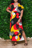 Beige Casual Floral Print Pocket Slit Contrast V Neck Printed Dresses