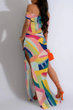 Green Yellow Sexy Striped Print Animal Print Slit Contrast Off Shoulder Printed Dresses