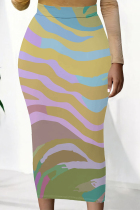 Apricot Elegant Striped Print Contrast Regular High Waist Full Print Bottoms