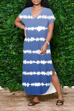 Blue Casual Striped Print Pocket Contrast V Neck Printed Dresses
