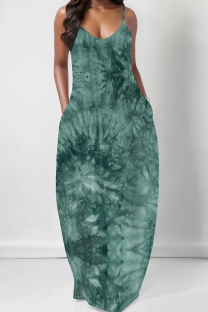 Green Sexy Gradient Color Pocket Patchwork Backless Spaghetti Strap Sling Dresses