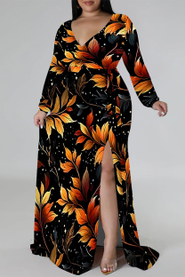 Orange Black Casual Floral Print Lace Up Slit V Neck Printed Plus Size Dresses