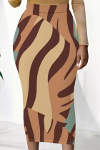 Khaki Elegant Striped Print Contrast Regular High Waist Full Print Bottoms
