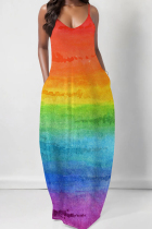 Rainbow Color Sexy Gradient Color Pocket Patchwork Backless Spaghetti Strap Sling Dresses
