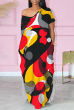 Beige Casual Floral Print Pocket Slit Contrast V Neck Printed Dresses
