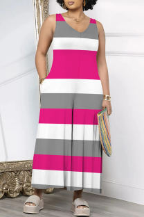 Rose Red Casual Striped Print Pocket Contrast V Neck Loose Jumpsuits