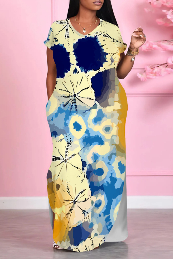 Beige Casual Floral Print Pocket Slit Contrast V Neck Printed Dresses