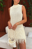 Apricot Celebrities Solid Color Fringed Trim Hollow Out Patchwork Half A Turtleneck Straight Dresses