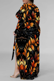 Stripe Casual Floral Print Lace Up Slit V Neck Printed Plus Size Dresses