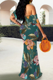 Green Elegant Floral Print Contrast Off Shoulder One Step Skirt Dresses