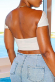 White Sexy Print Patchwork Backless O Neck T-Shirts