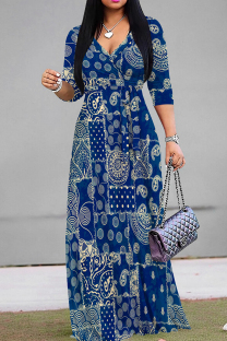 Blue Elegant Print Patchwork Strap Design V Neck Long Dresses